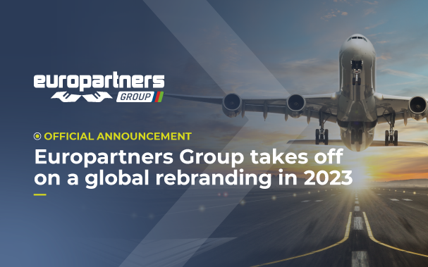 Over the picture of an airplane taking off, it is written Europartners Group takes off on a global rebranding in 2023